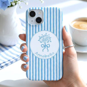 Coque iPhone 15 Monogramme Préppy Rayure Bleue Blanche Fantaisiste