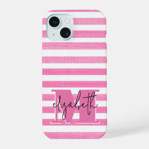 Coque iPhone 15 Monogramme Rayure Rose