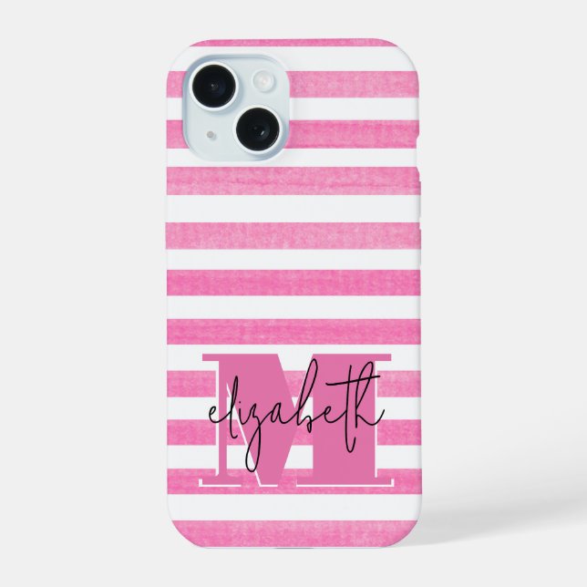 Coque iPhone 15 Monogramme Rayure Rose (Verso)