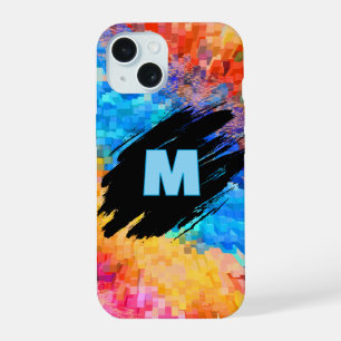 Coque iPhone 15 Monogramme sur fond abstrait arc-en-ciel