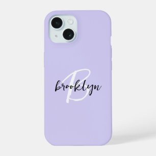 Coque iPhone 15 Monogramme tendance lavande blanc noir Script