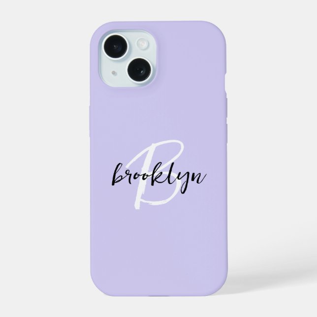 Coque iPhone 15 Monogramme tendance lavande blanc noir Script  (Verso)
