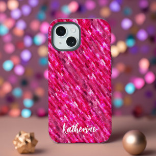 Coque iPhone 15 Monogramme tendance moderne rose pailleté