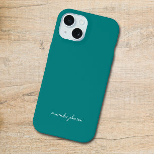 Coque iPhone 15 Monogramme Turquoise moderne Nom cursif