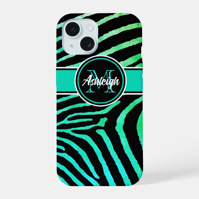 Coque iPhone 15 Monogramme vert aqua, rayures zébrées noires (Verso)