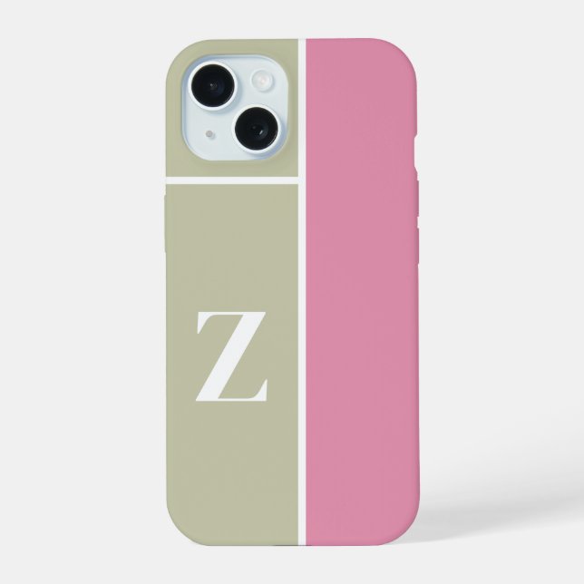 Coque iPhone 15 Monogramme vert rose moderne (Verso)