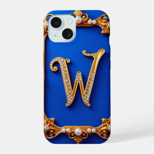 Coque iPhone 15 Monogramme W doré élégant décoré de perles