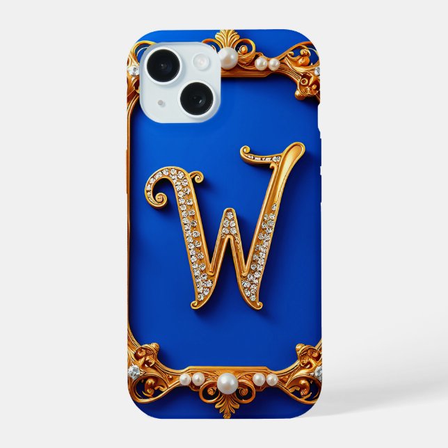 Coque iPhone 15 Monogramme W doré élégant décoré de perles (Verso)