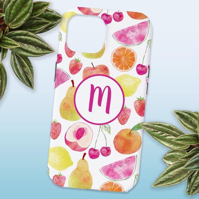 Coque iPhone 15 Monogramme Watecolore Fruit (Watercolor fruit fun monogram tropical cell phone case)