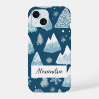 Montagnes enneigées avec Pine Trees Snowflakes