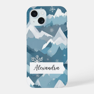 Coque iPhone 15 Montagnes enneigées Flocons de neige Hiver