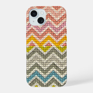 COQUE iPhone 15 MOSAÏQUE BLEU GRIS JAUNE ROSE BLANC CHEVRONS