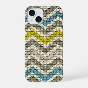 COQUE iPhone 15 MOSAÏQUE CHEVRONS BLEUS GRIS JAUNE BLANC