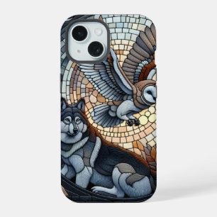 Coque iPhone 15 Mosaïque de hibou et de loup Ai Art