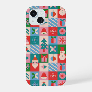 Coque iPhone 15 Mosaïque d'icônes de Noël joyeuses✨Grille de fêtes