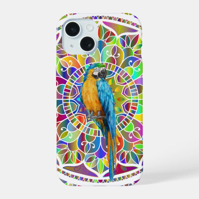 Coque iPhone 15 Mosaïque Tropicale – Mandala d'Ara Bleu et Or (Verso)