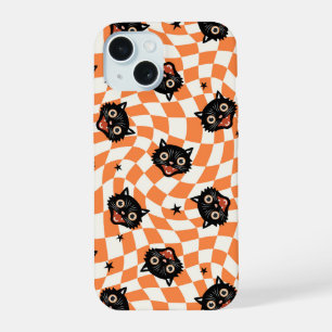 Coque iPhone 15 Motif à carreaux orange et chat noir rétro