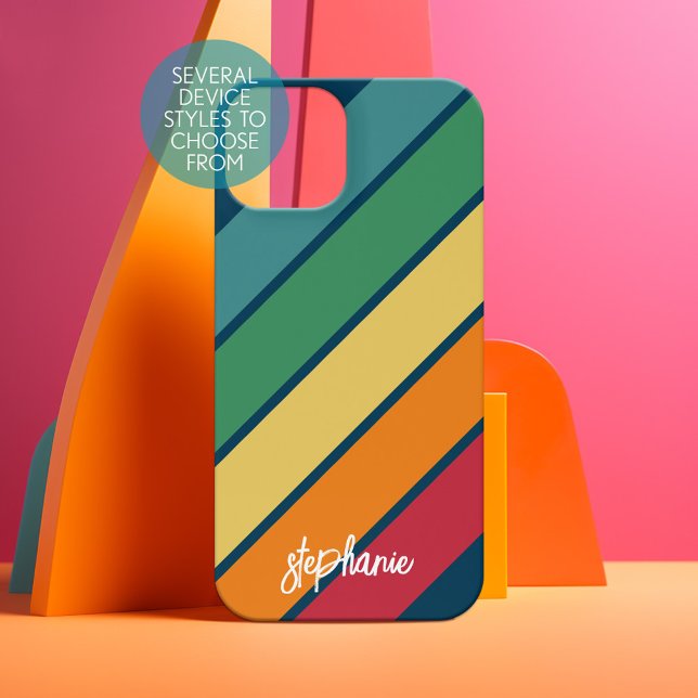 Coque iPhone 15 Motif à rayures rétro arc-en-ciel - Nom du script (Personalized Phone Case - Choose Your Device and Customize the Design)