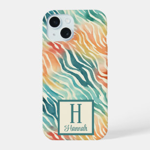 Coque iPhone 15 Motif aquarelle coloré personnalisé avec monogramm