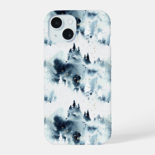 Coque iPhone 15 Motif aquarelle de forêt bleu minuit