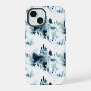 Coque iPhone 15 Motif aquarelle forêt bleu minuit