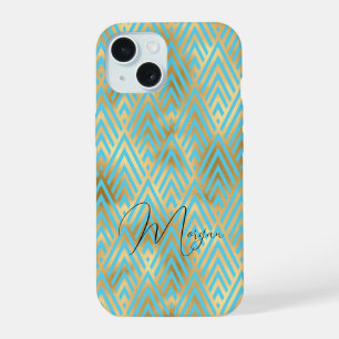 Coque iPhone 15 Motif Art Déco, Or et Bleu Clair, Nom en Script