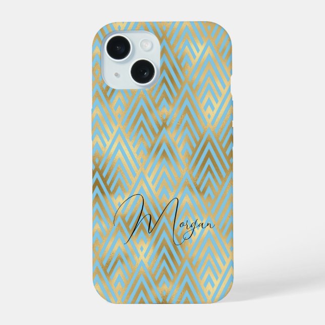 Coque iPhone 15 Motif Art Déco, Or et Bleu Clair, Nom en Script (Verso)