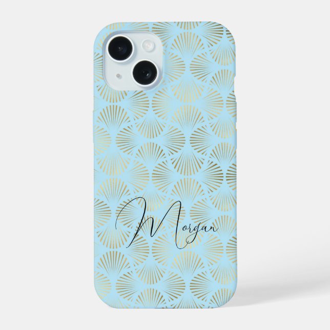 Coque iPhone 15 Motif Art Déco, Or et Bleu Clair, Nom en Script (Verso)