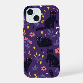Coque iPhone 15 Motif Chats noirs et Fleurs sauvages