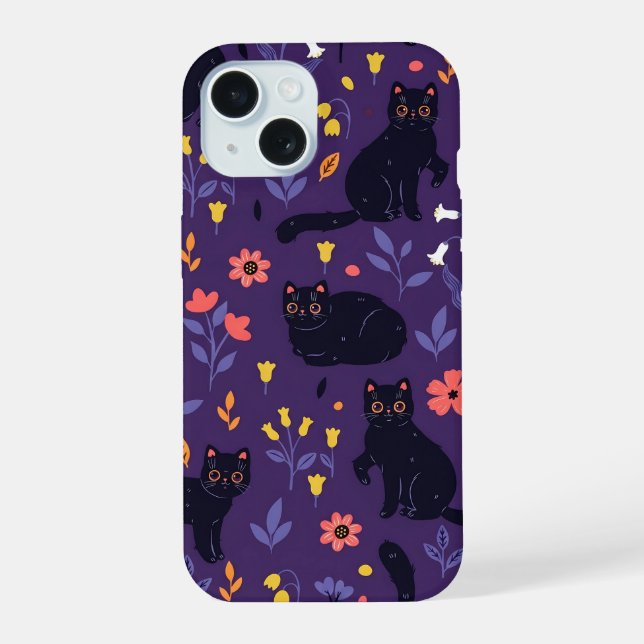 Coque iPhone 15 Motif Chats noirs et Fleurs sauvages (Verso)