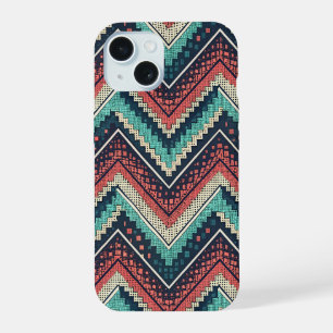 Coque iPhone 15 Motif chevron bohème Zigzag sarcelle, corail et