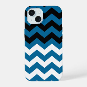 Coque iPhone 15 Motif chevron noir, blanc et bleu
