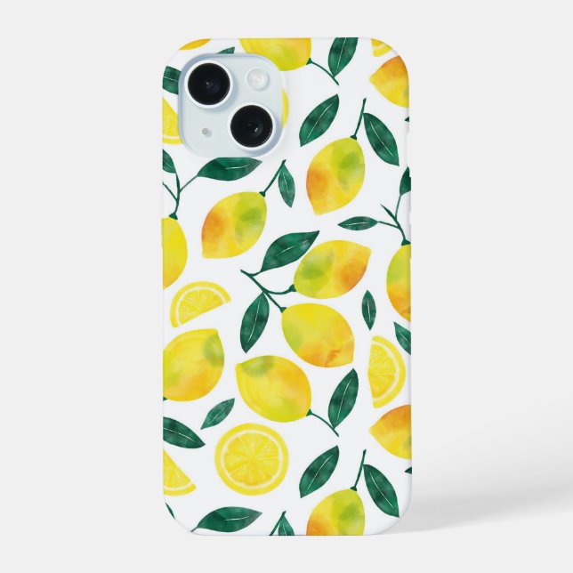 Coque iPhone 15 Motif citron jaune aquarelle (Verso)