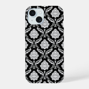 Coque iPhone 15 Motif Damassé Rococo Blanc sur Noir