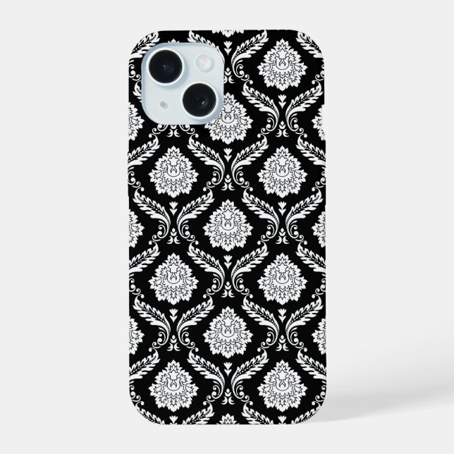 Coque iPhone 15 Motif Damassé Rococo Blanc sur Noir  (Verso)
