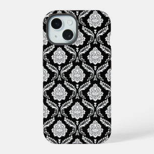 Coque iPhone 15 Motif Damassé Rococo Blanc sur Noir