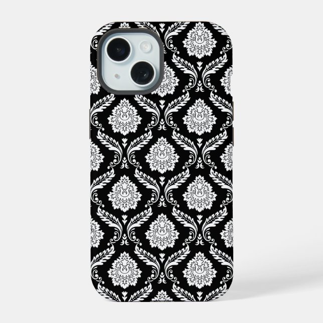 Coque iPhone 15 Motif Damassé Rococo Blanc sur Noir  (Verso)