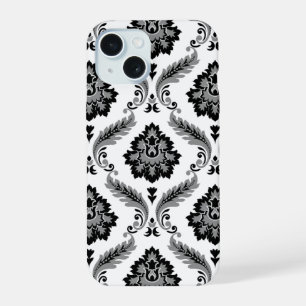 Coque iPhone 15 Motif Damassé Rococo Gris Noir Blanc