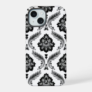 Coque iPhone 15 Motif Damassé Rococo Gris Noir Blanc