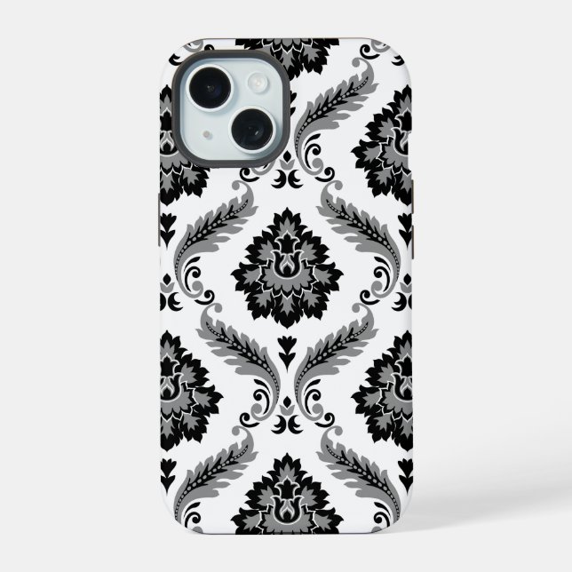 Coque iPhone 15 Motif Damassé Rococo Gris Noir Blanc (Verso)