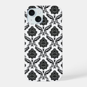 Coque iPhone 15 Motif Damassé Rococo Noir sur Blanc