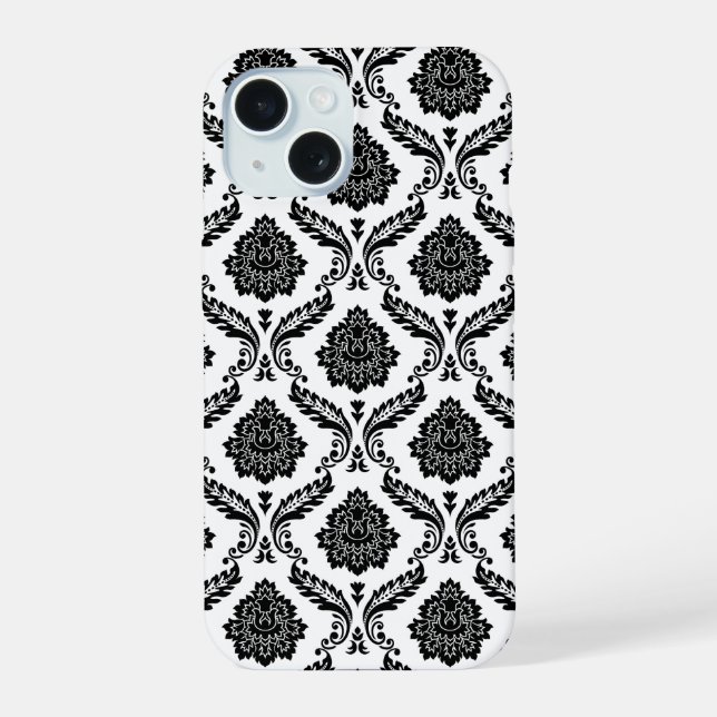 Coque iPhone 15 Motif Damassé Rococo Noir sur Blanc (Verso)