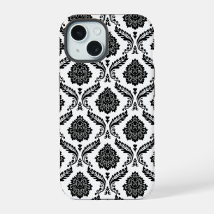 Coque iPhone 15 Motif Damassé Rococo Noir sur Blanc