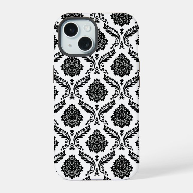 Coque iPhone 15 Motif Damassé Rococo Noir sur Blanc (Verso)