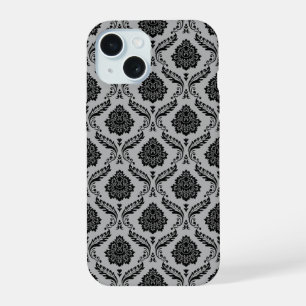 Coque iPhone 15 Motif Damassé Rococo Noir sur Gris