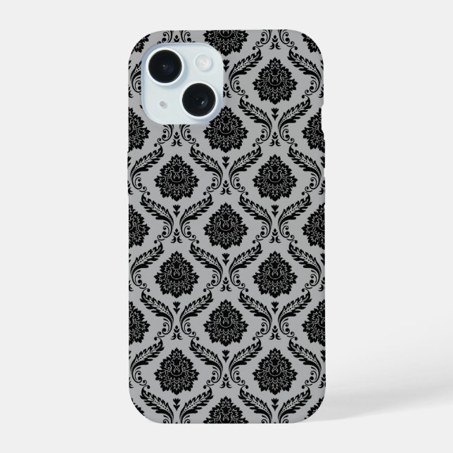 Coque iPhone 15 Motif Damassé Rococo Noir sur Gris (Verso)