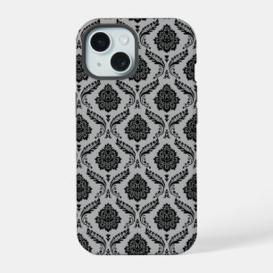 Coque iPhone 15 Motif Damassé Rococo Noir sur Gris