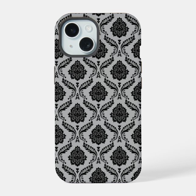 Coque iPhone 15 Motif Damassé Rococo Noir sur Gris (Verso)
