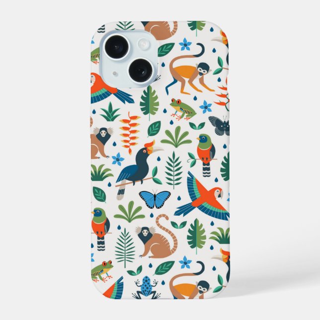 Coque iPhone 15 Motif d'animaux de la forêt tropicale (Verso)