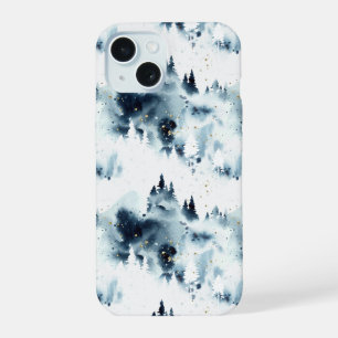Coque iPhone 15 Motif d'aquarelle de la forêt bleue de minuit